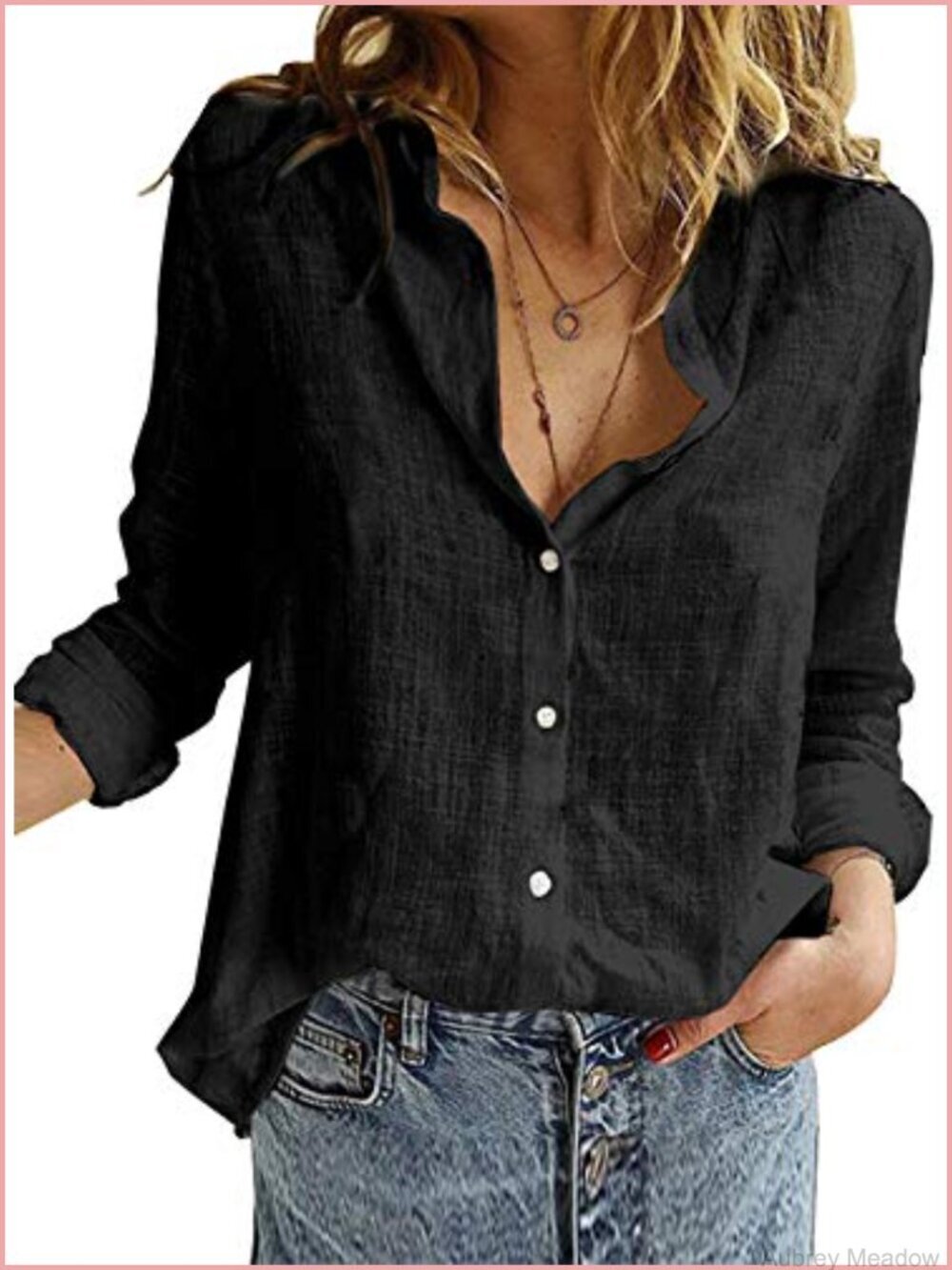 V Neck Roll Up Sleeve Button Down Blouse Loose Fit Casual Top